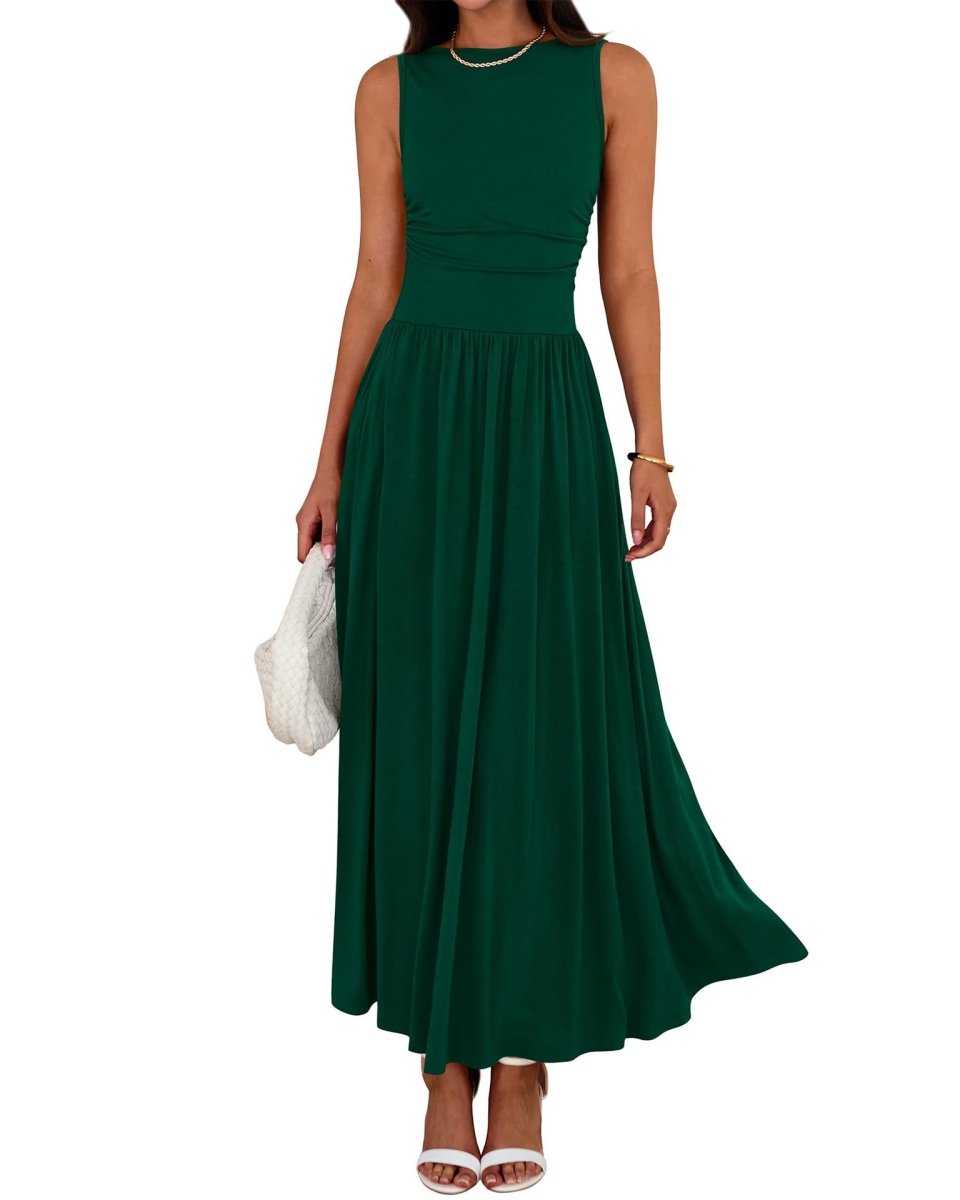 Robe Maxi Sans Manches à Taille Froncée avec Poches (MA395)