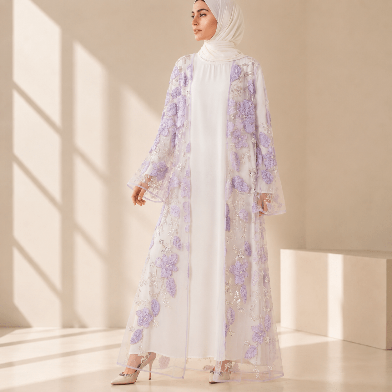 Abaya Mesh Brodée Perlée Floral 3D de Luxe à Ouverture – Abaya d'Occasion Lavande (MOA304)