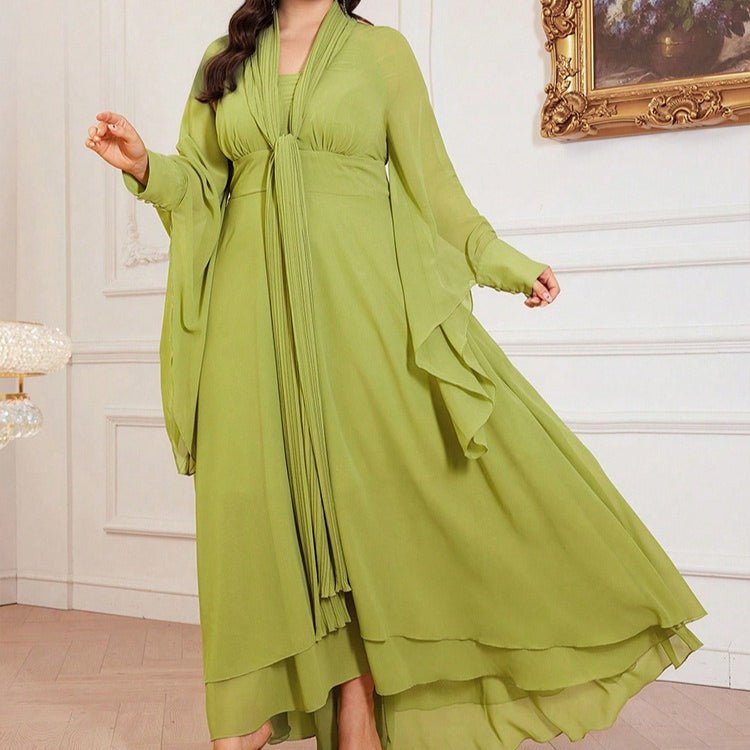 Robe Maxi Grande Taille Plissée avec Col Cravate (MS370)