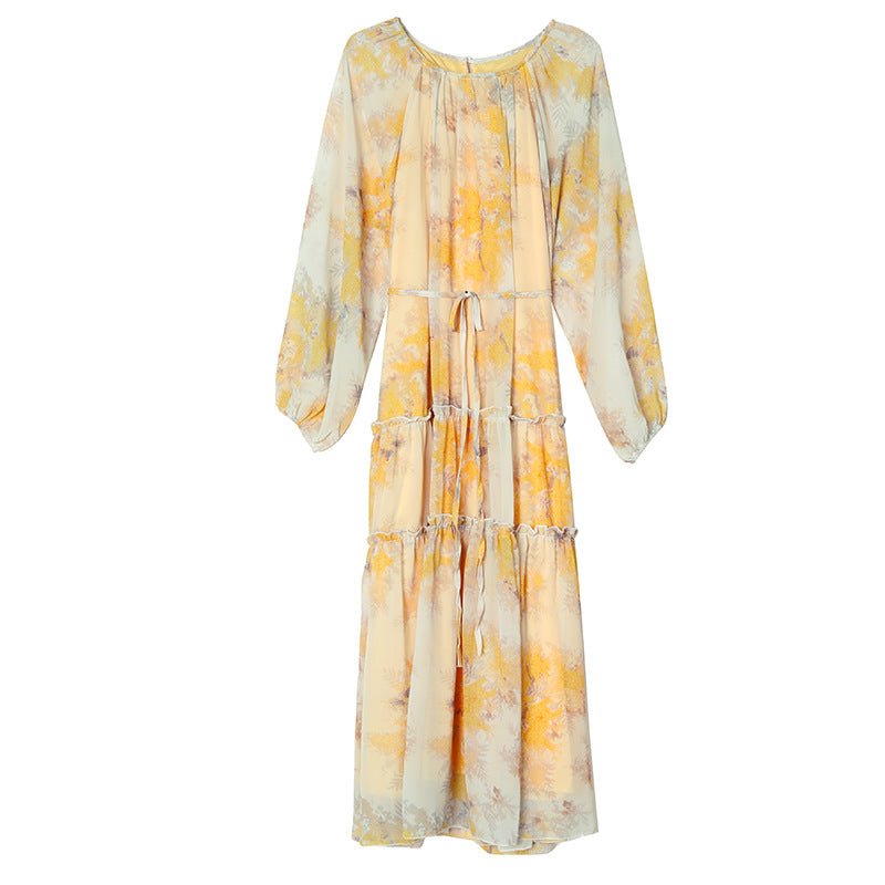 Robe Maxi en Mousseline Imprimée Aquarelle | Robe Étagée à Manches Longues (MS270)