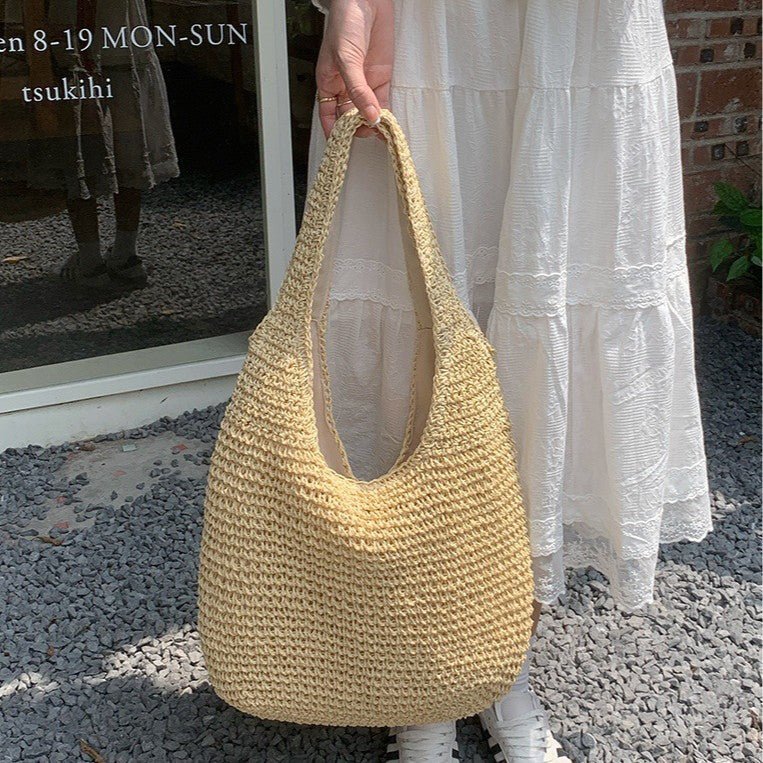 Sac de plage en paille pour femme, tendance et polyvalent, grande capacité, style vacances, sac fourre-tout en paille (MAC241)
