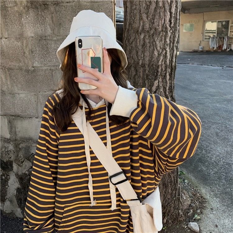 Robe-pull longue à capuche rayée avec cordon de serrage (MS071)
