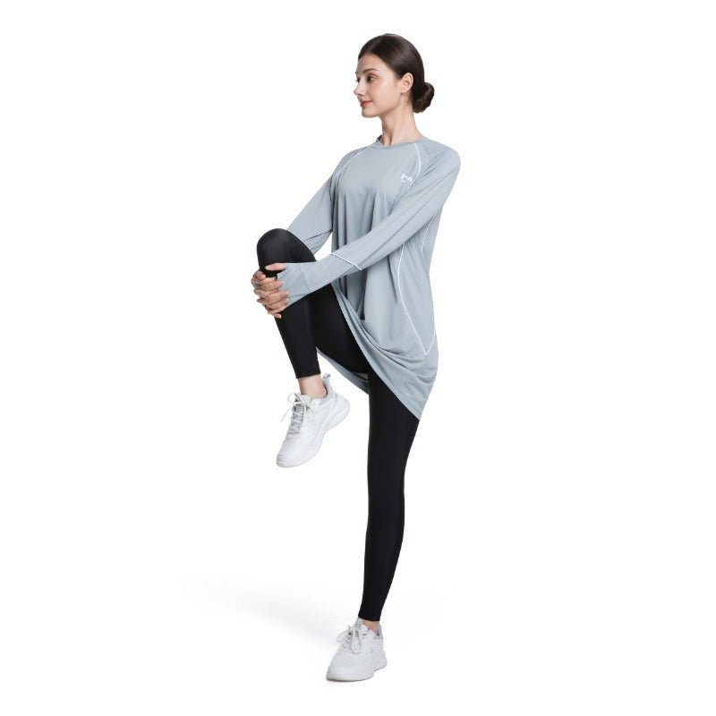 Haut de sport modeste à manches longues pour femme, séchage rapide | Tunique athlétique en polyester pour yoga, lignes épurées (MS114)
