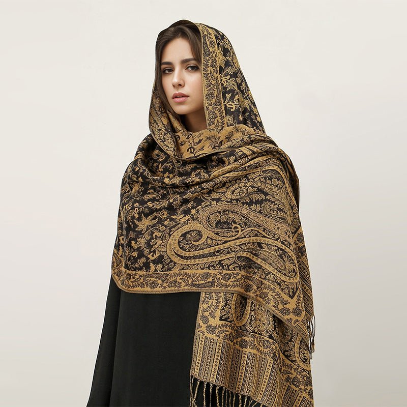 Hijab Vintage Shawl à Motif Fleur de Cajou avec Pompons (MH101)