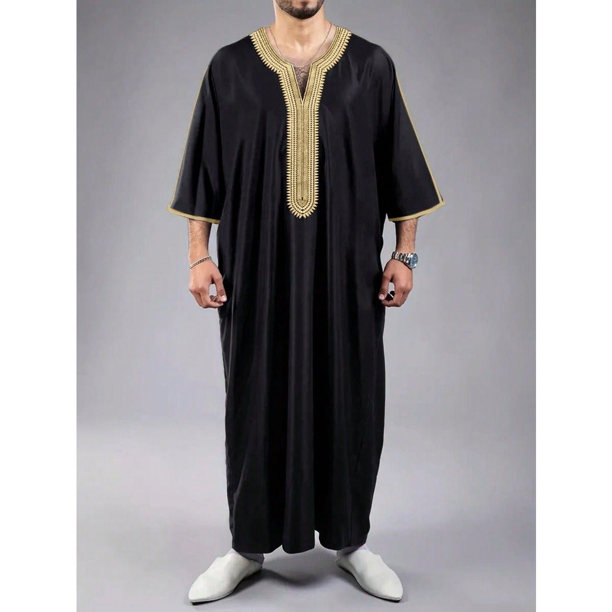 Robe Musulmane Thobe à Col en V avec Broderie et Coutures Géométriques, Manches Courtes Mi-longues (MT030)