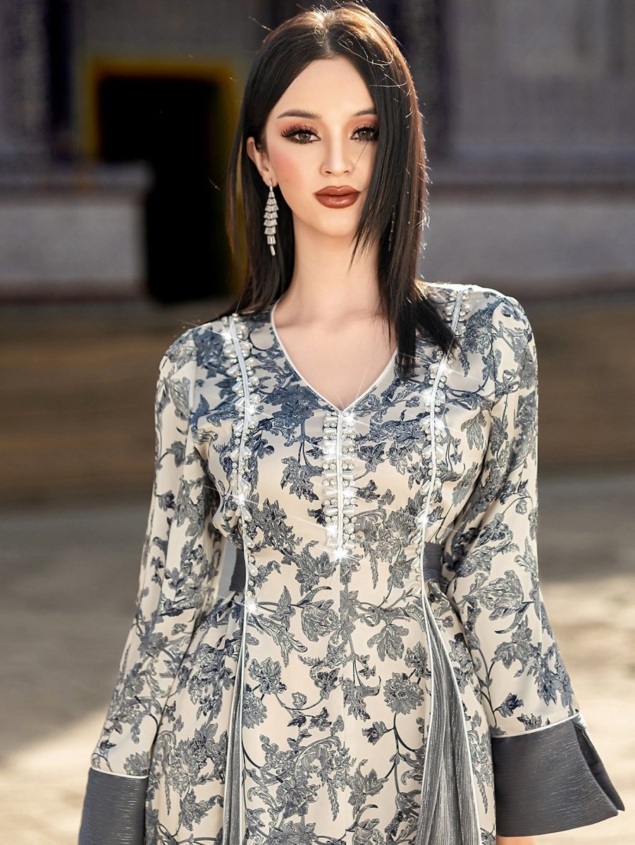 Robe Maxi élégante à col en V, en satin, avec fleurs brodées à la main de perles et de cristaux, manches longues, avec Abaya grise (MA192)