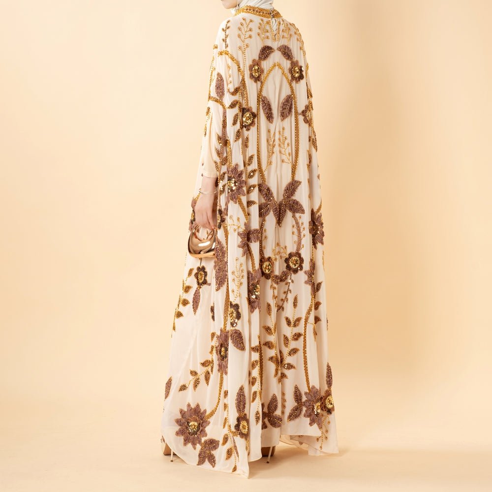 Abaya Floral aux Perles Brodées avec Manches Chauve-Souris Drapées(MA453)