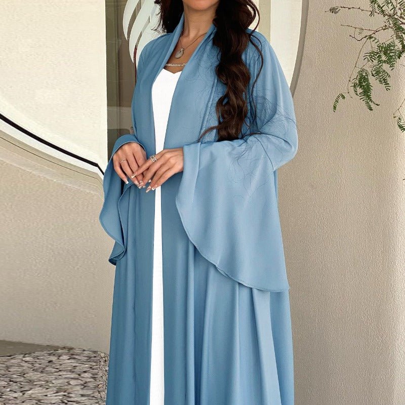 Robe Abaya Unie en Satin Doux Ouverte Devant à Manches Feuille de Lotus | Cache-Abaya Modeste Léger (MOA220)