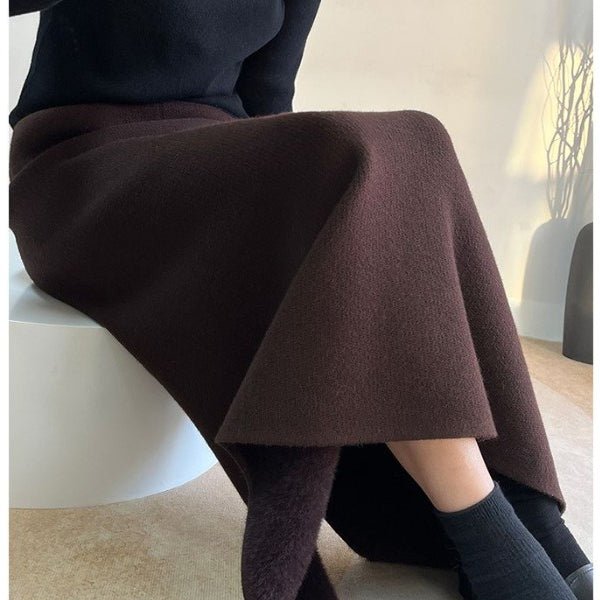 Jupe midi polaire hiver | Jupe en maille chaude taille haute avec fente latérale (MS207)