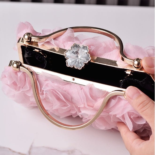 Pochette de soirée fleur rose | Sac de mariage avec poignée métallique (MAC357)
