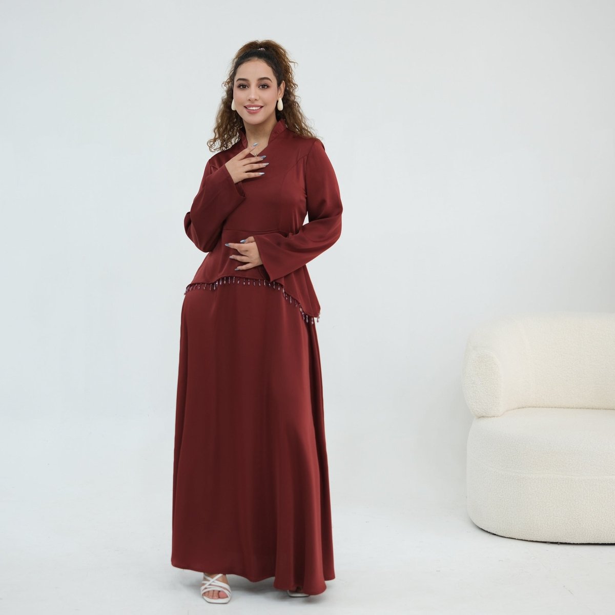 Robe Maxi Corset avec Taille Perlée et Manches Évasées (MS476)