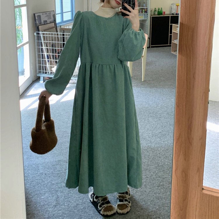 Robe Maxi en Velours Côtelé Français à Manches Lanterne | Robe Froncée à Poignets Élastiques (MS206)