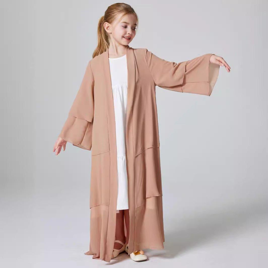Abaya ouverte en mousseline unie 3 couches pour fillettes (MKG009)