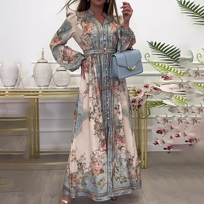 Robe Longue Fleurie Vintage | Robe Style Victorien à Col en V et Manches Longues (MA378)