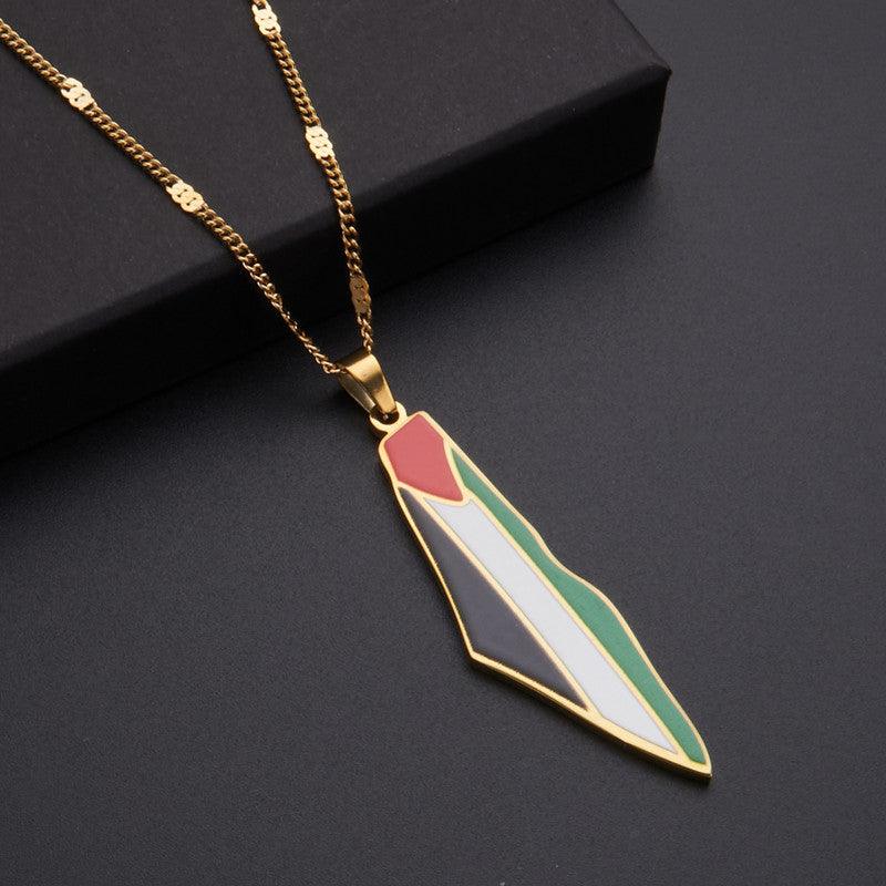 MAC100 Collier pendentif en acier inoxydable vintage, carte de la Palestine et motif keffieh