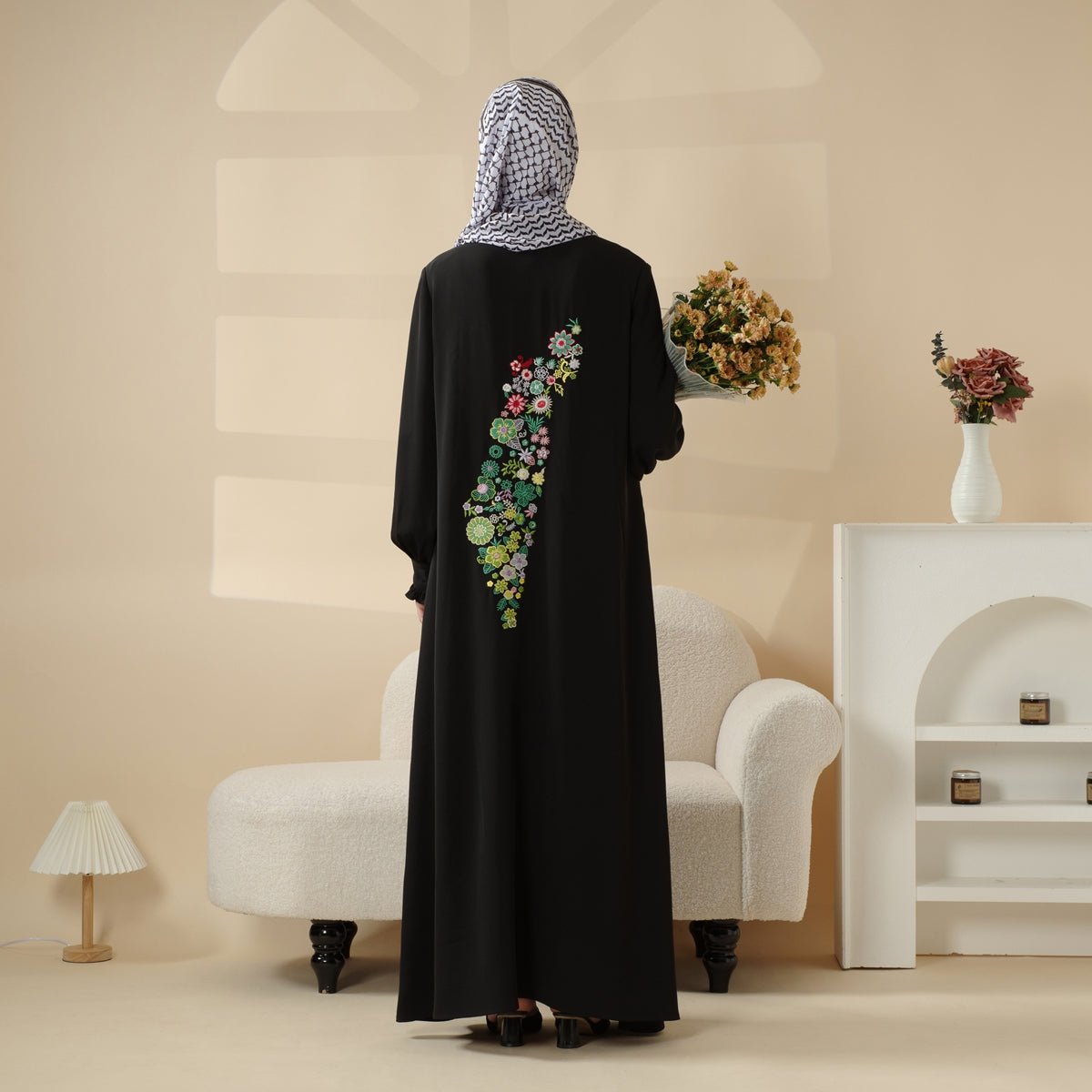 Abaya pull-over modeste avec broderie palestinienne, robe maxi élégante à manches froncées (MA141)