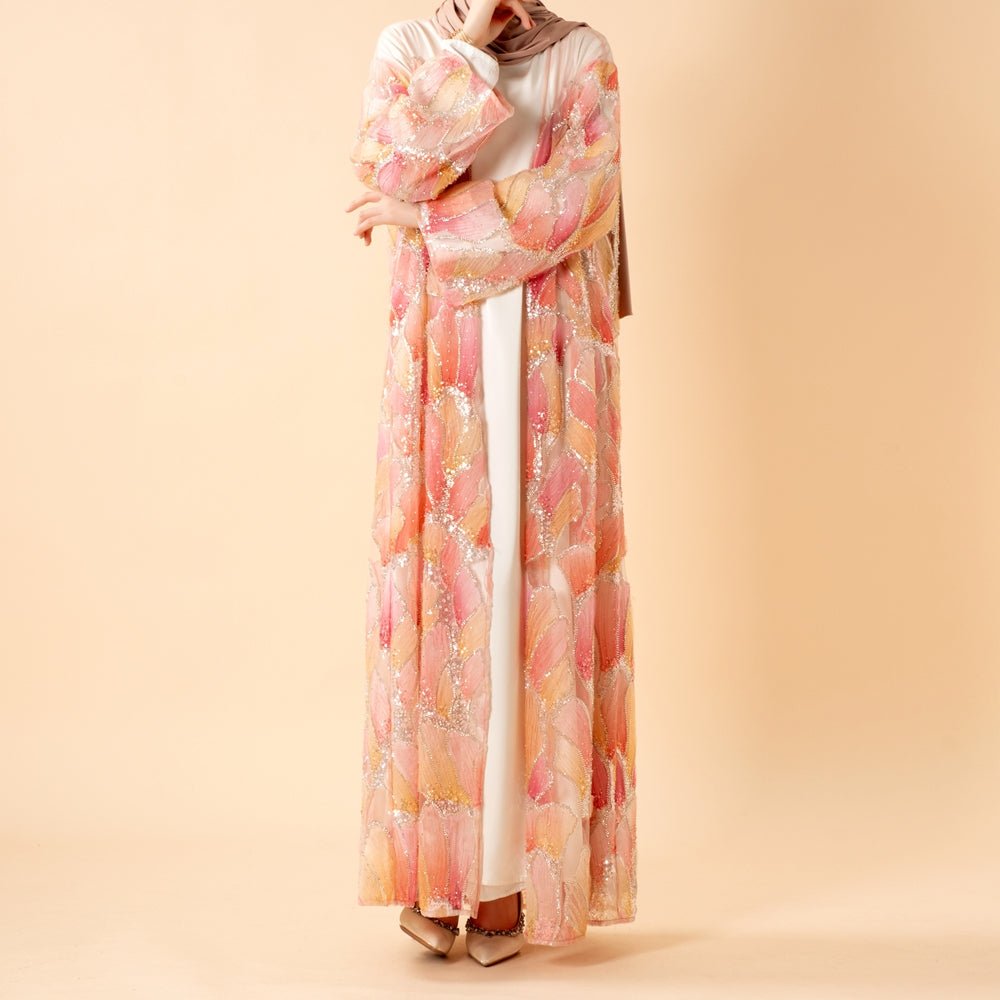 Abaya Ouverte Brodée Main Petal Glow — Collection Secret Garden (MOA295)