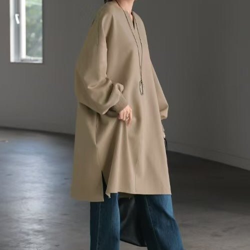 Sweat Tunique Oversize en Coton | Haut Pull Col en V Manches Longues (MS210)
