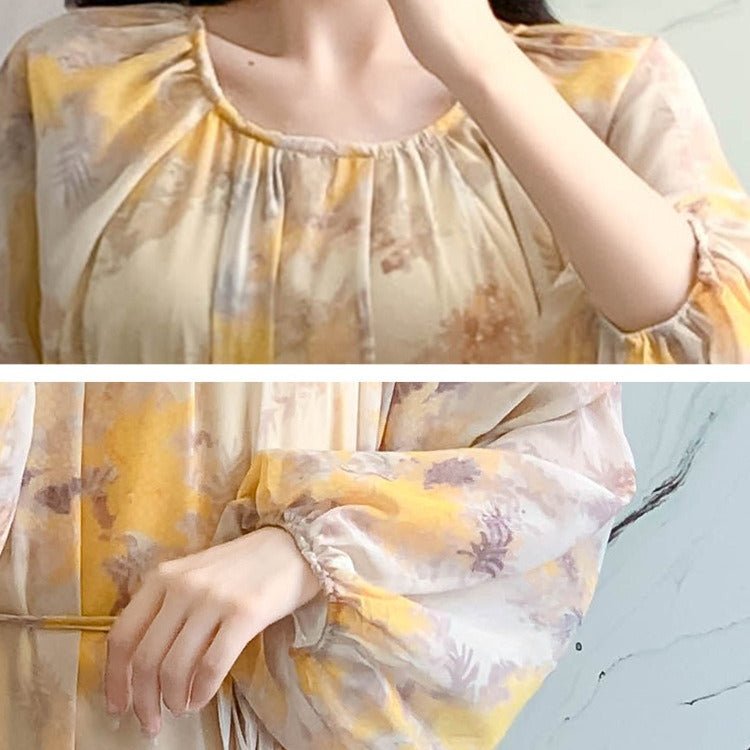 Robe Maxi en Mousseline Imprimée Aquarelle | Robe Étagée à Manches Longues (MS270)