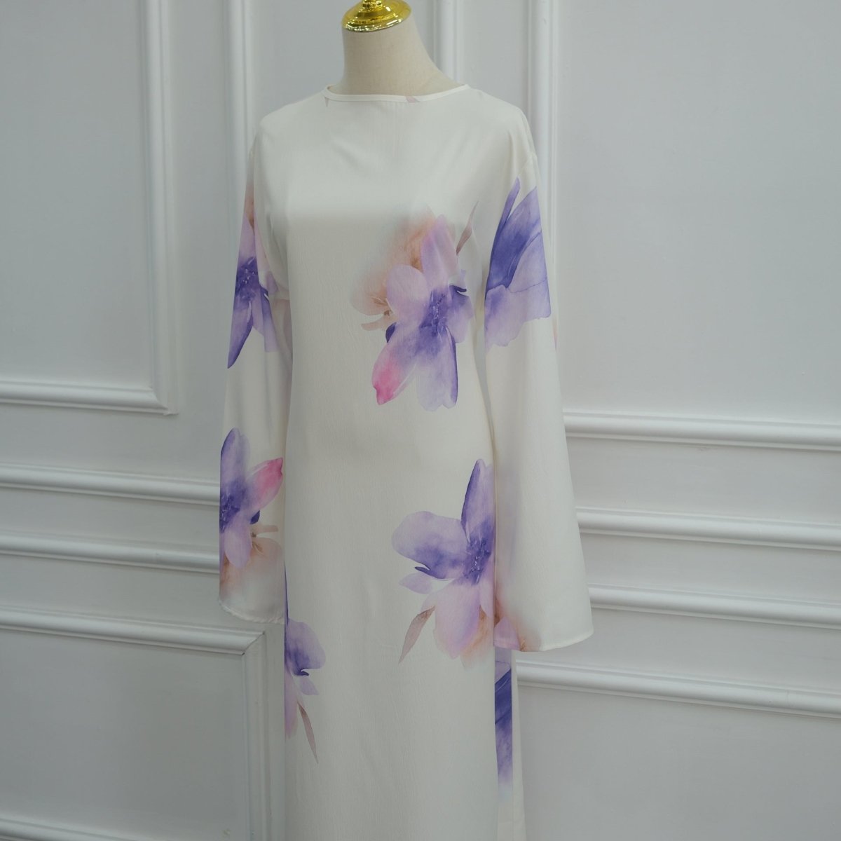 Robe Maxi à Manches Larges en Crinkle Délavé Floral Aquarelle (MS473)