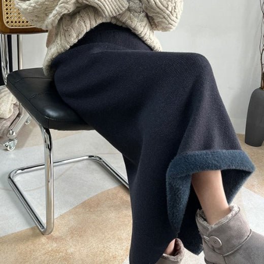 Jupe midi polaire hiver | Jupe en maille chaude taille haute avec fente latérale (MS207)