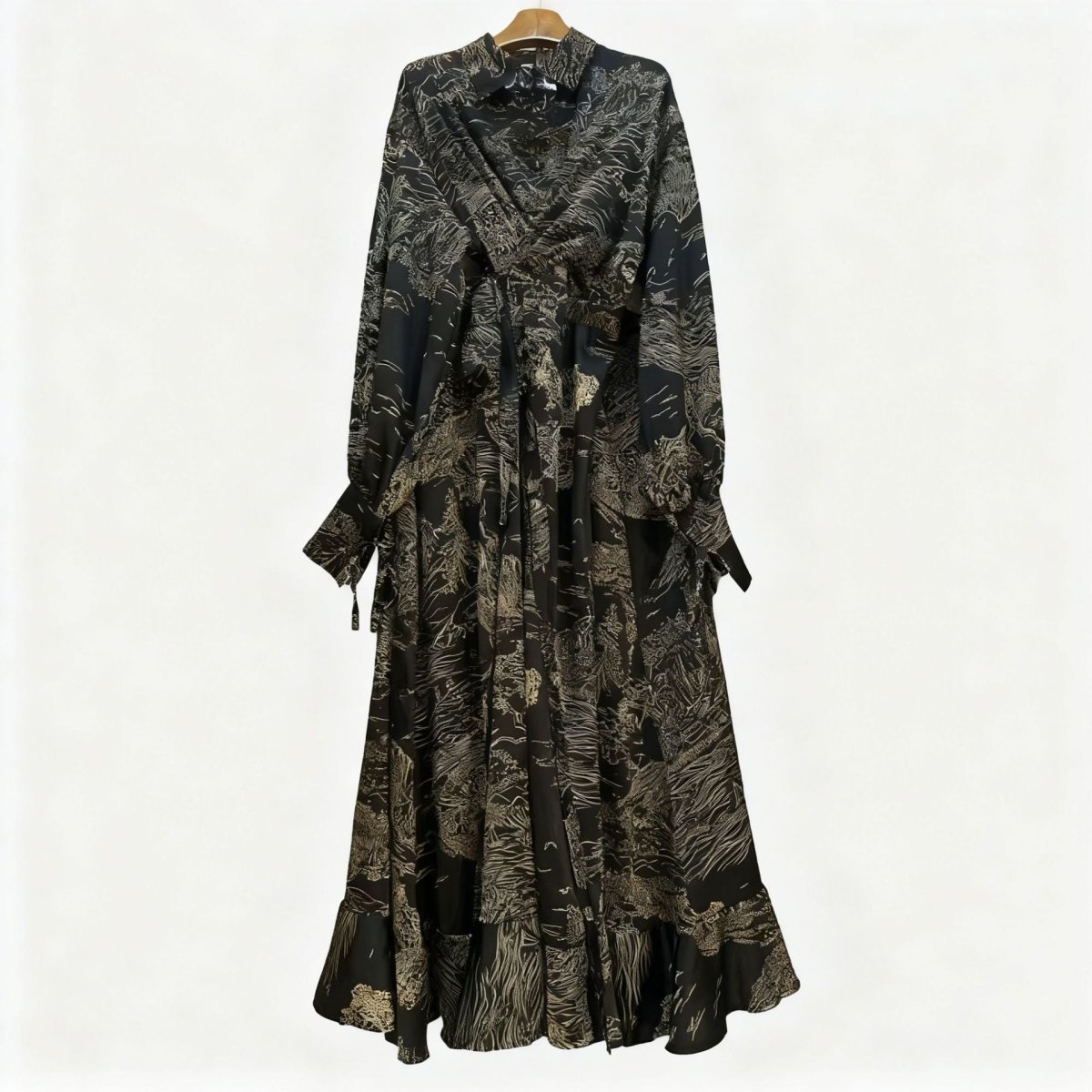 Robe Portefeuille en Jacquard Floral | Robe Maxi à Col et Manches Nouées (MS257)