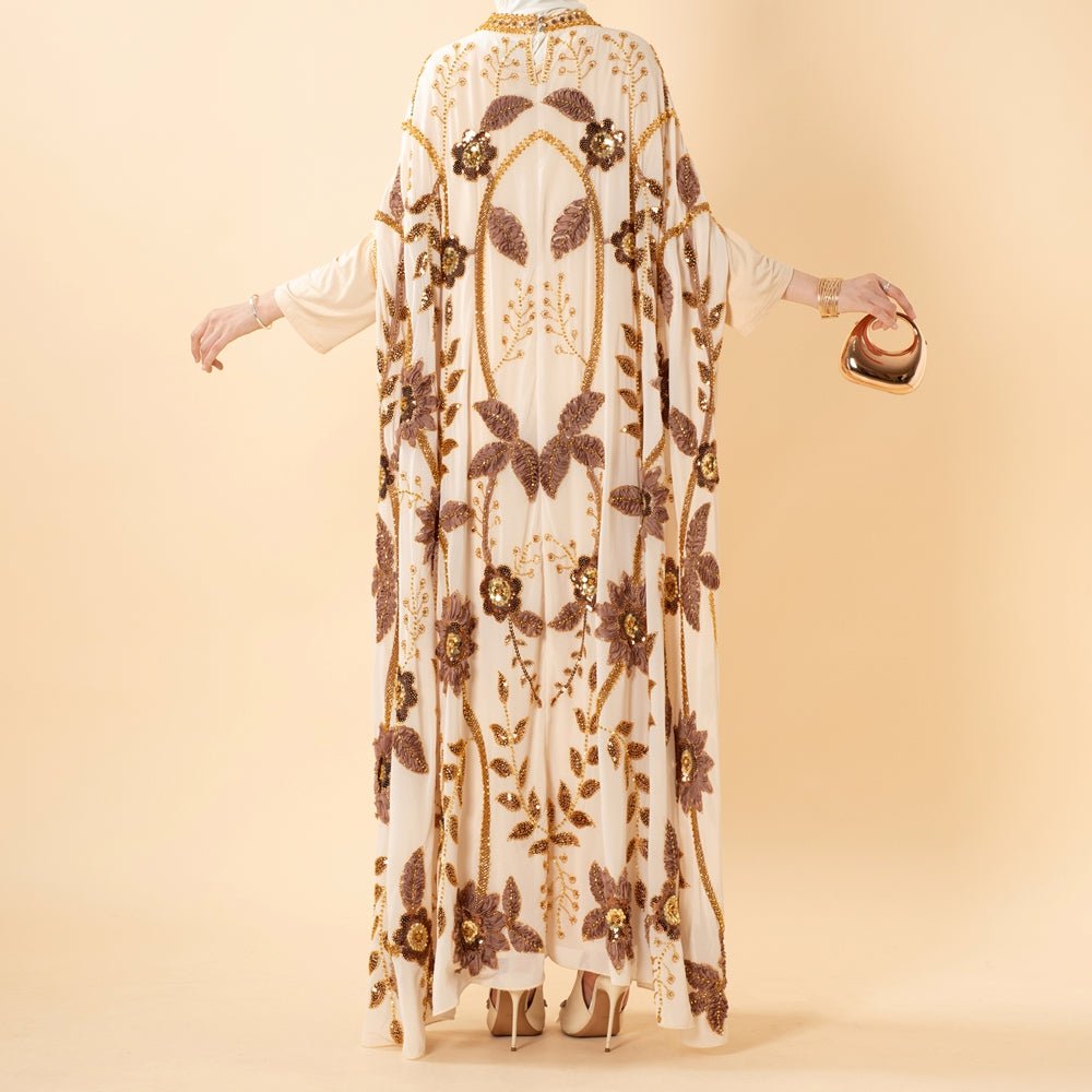 Abaya Floral aux Perles Brodées avec Manches Chauve-Souris Drapées(MA453)