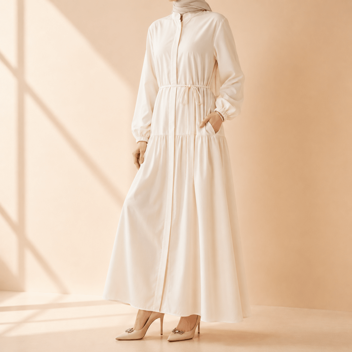 Robe Abaya Maxi Trench Cintrée en Ligne A avec Poches (MA422)