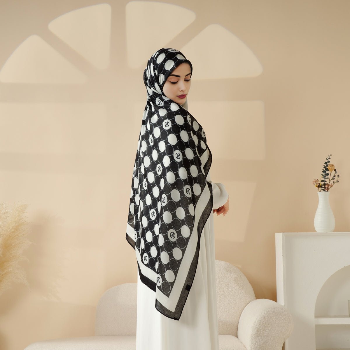 MH095 Châle en coton et lin mélangés à motifs floraux naturels et géométriques color-block imprimés