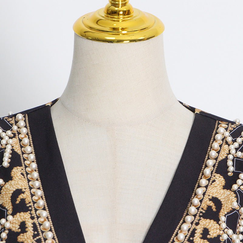 Blazer Vintage Orné de Perles et Perles de Rocaille | Veste de Luxe à Imprimé Géométrique (MS218)