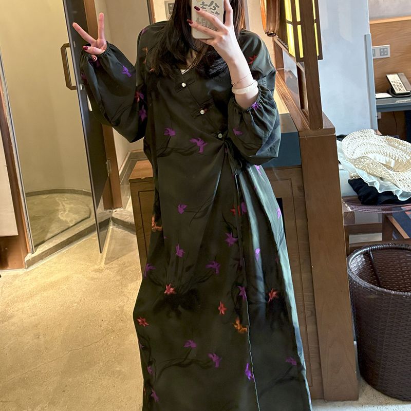 Robe portefeuille longue à motif jacquard et imprimé, style chinois (MS424)
