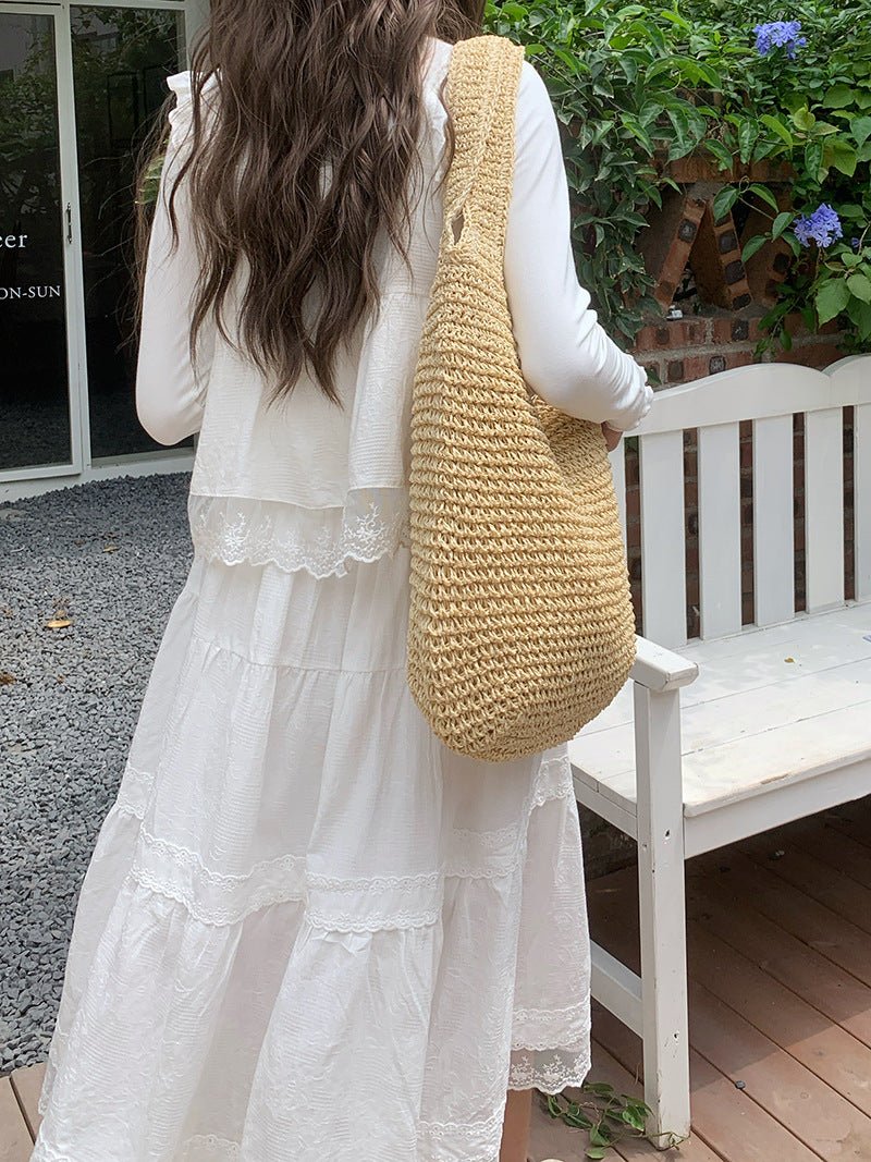 Sac de plage en paille pour femme, tendance et polyvalent, grande capacité, style vacances, sac fourre-tout en paille (MAC241)
