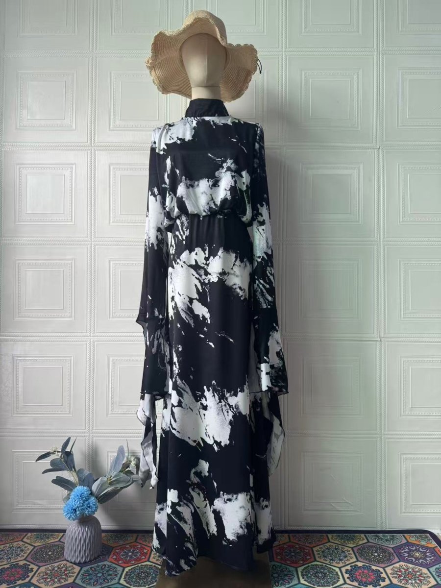 Robe longue de printemps en satin imprimé, coupe slim, à lacets et design asymétrique (MA162)