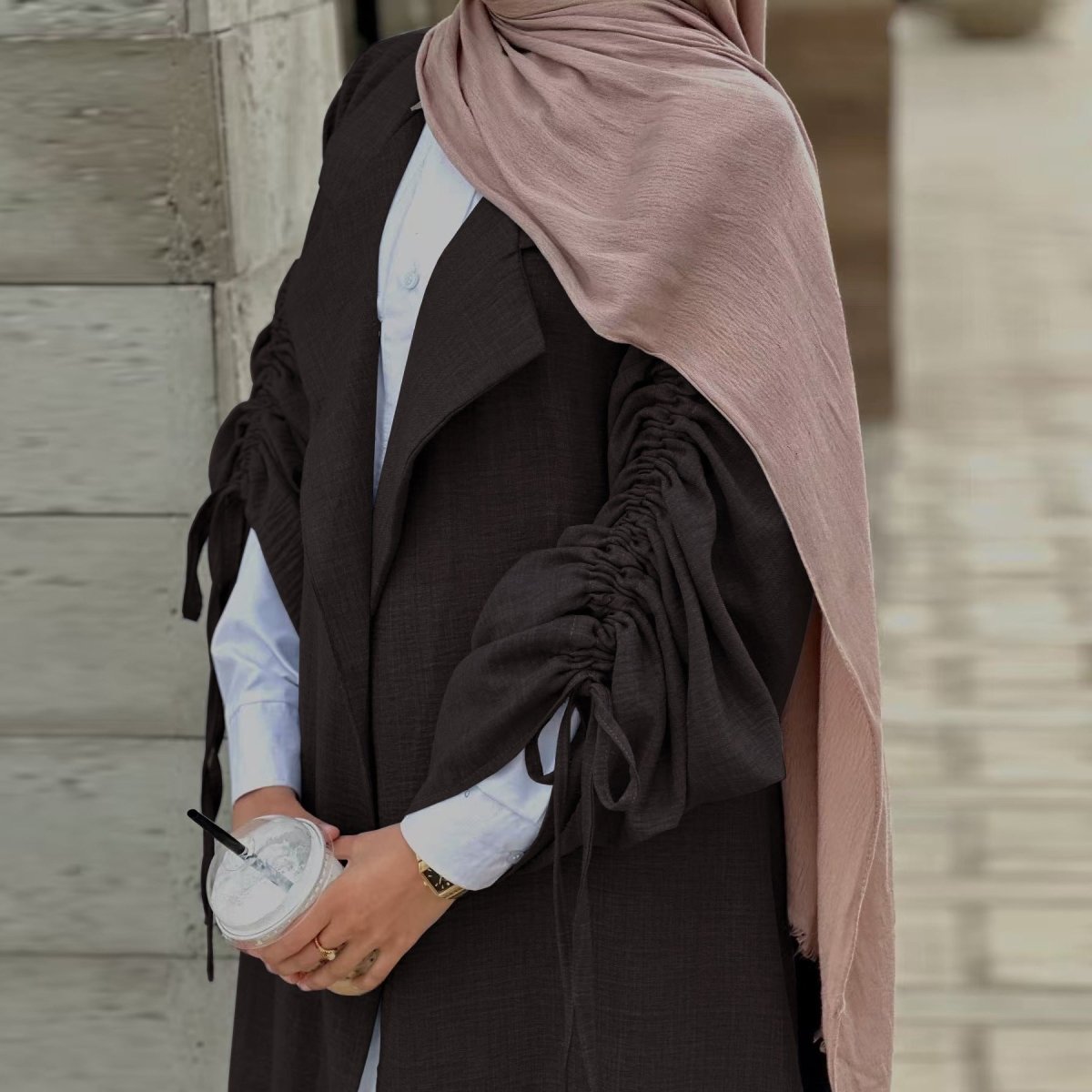 Blazer Cardigan ajusté à manches froncées | Veste ouverte en mélange de sergé (MOA246)