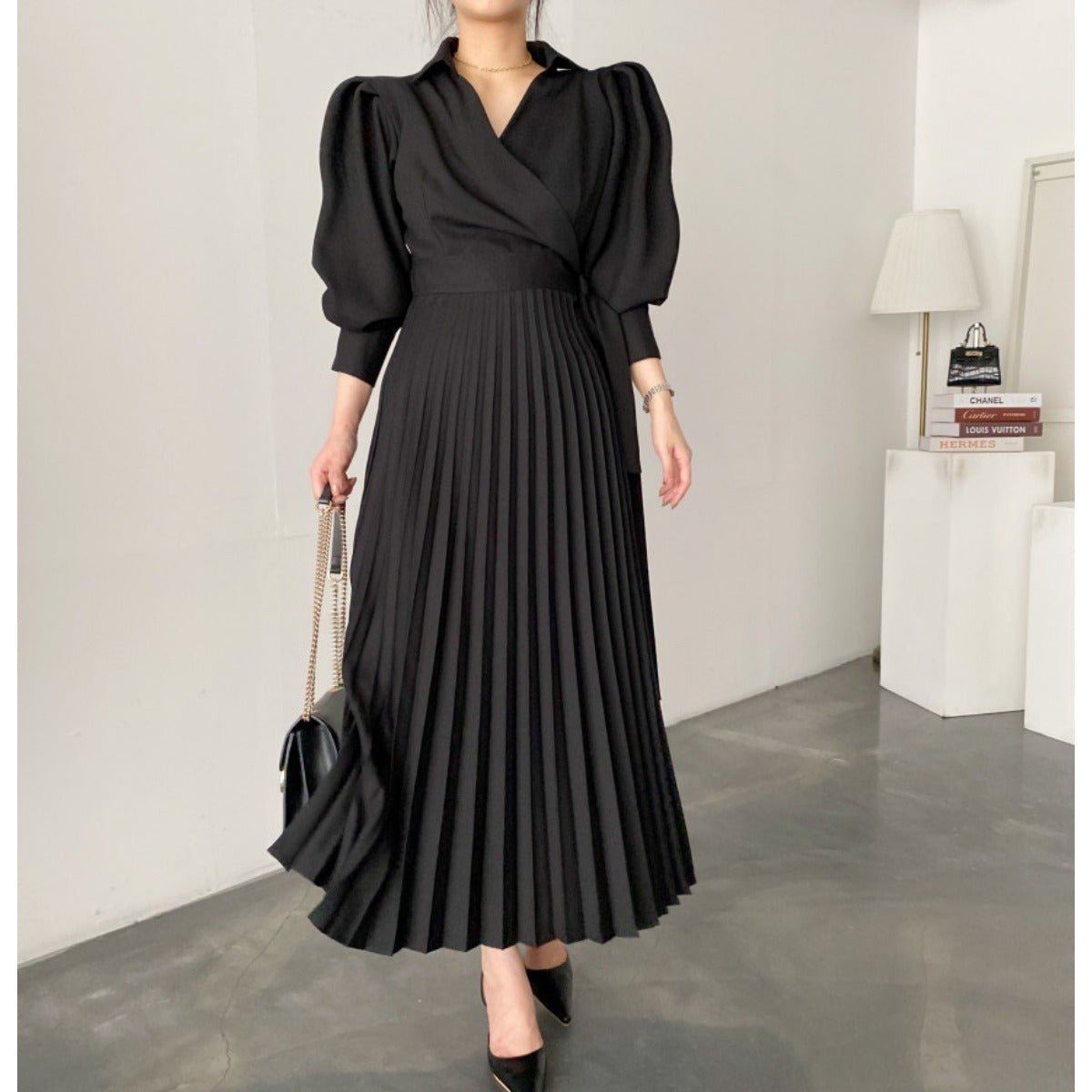 Robe cintrée à col cranté et nœud à la taille | Robe midi plissée à manches ballon ajustées (MA240)