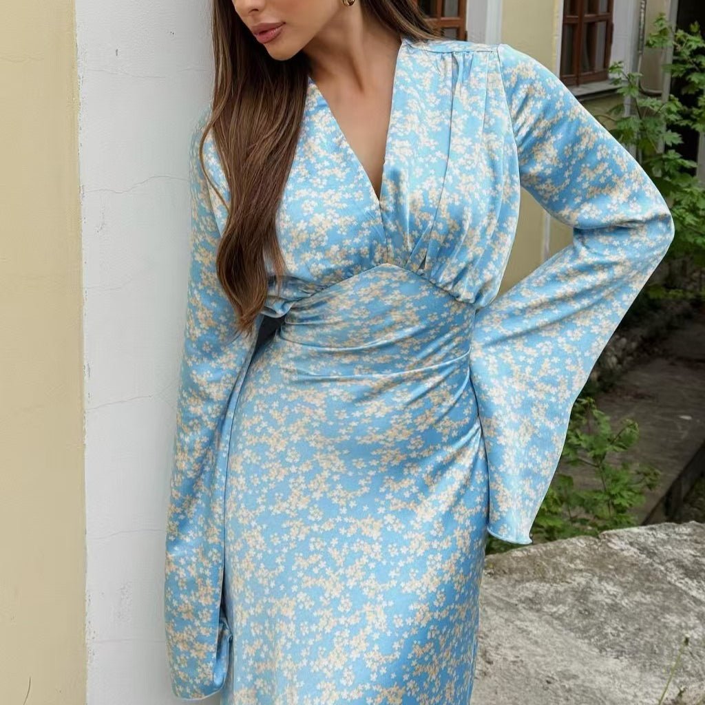 Robe longue en satin imprimé floral avec col en V (MS378)