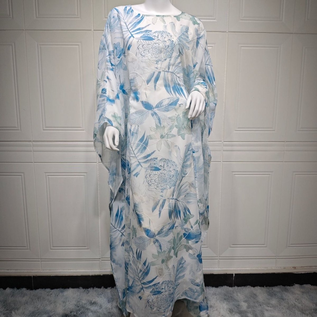 Abaya Kaftan Fleurs Aquarelle | Abaya à Enfiler Manches Chauve-Souris (MA371)