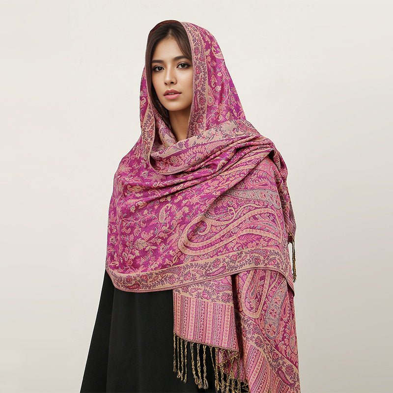 Hijab Vintage Shawl à Motif Fleur de Cajou avec Pompons (MH101)