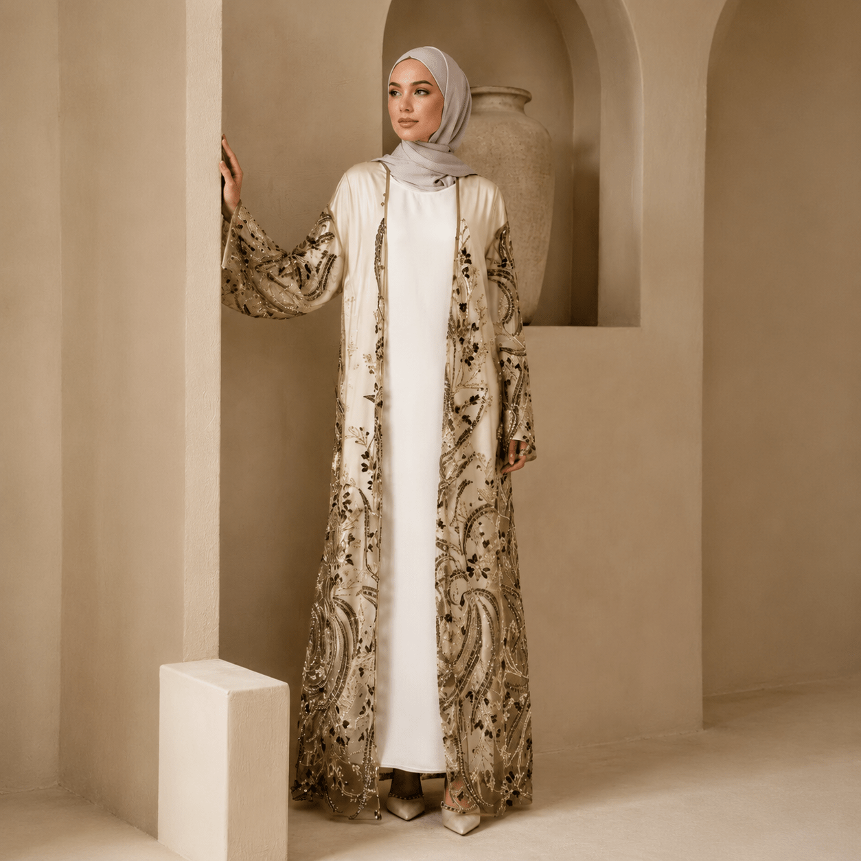 Abaya Ouverte de Luxe Ornée de Perles et de Paillettes Brodées pour Eid & Mariage (MOA305)