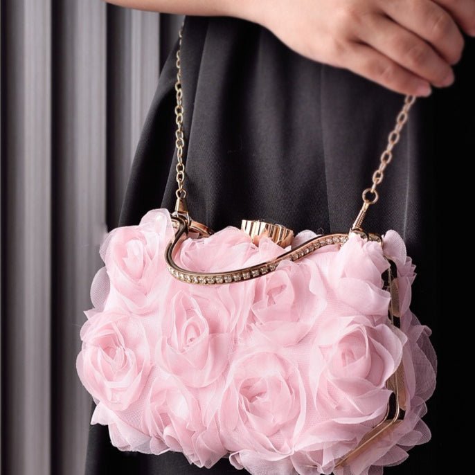 Pochette de soirée fleur rose | Sac de mariage avec poignée métallique (MAC357)
