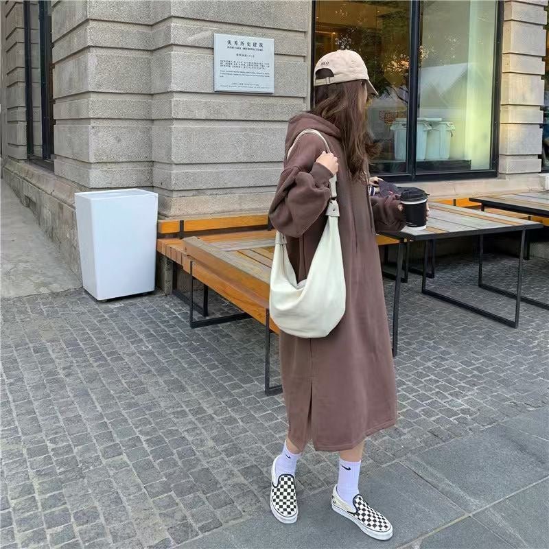 Robe Maxi Pull à Capuche Confort | Robe Mi-Longue Doublée en Polaire avec Fentes Latérales (MS137)