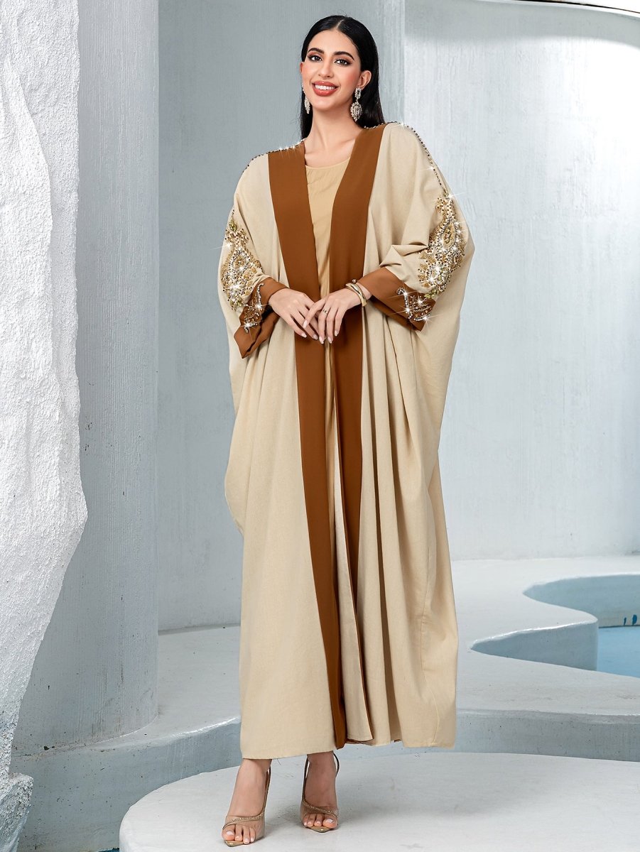 Veste Abaya de Luxe en Perles Rouille pour Mariage et Fêtes Musulmanes, Kaki avec Broderie Dorée Contrastante (MOA158)