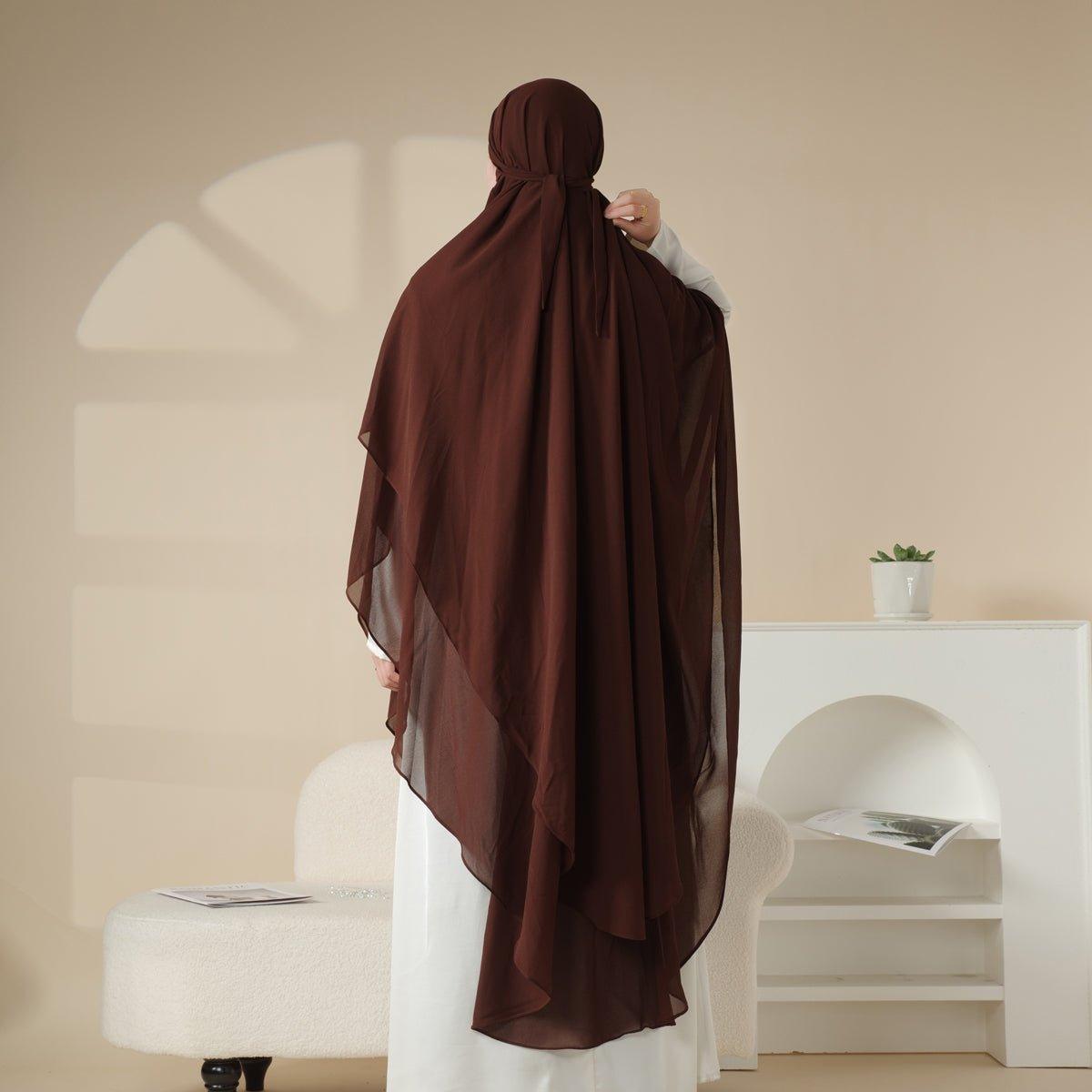 MK018 Khimar Long en Mousseline à Double Couches, Devant et Dos