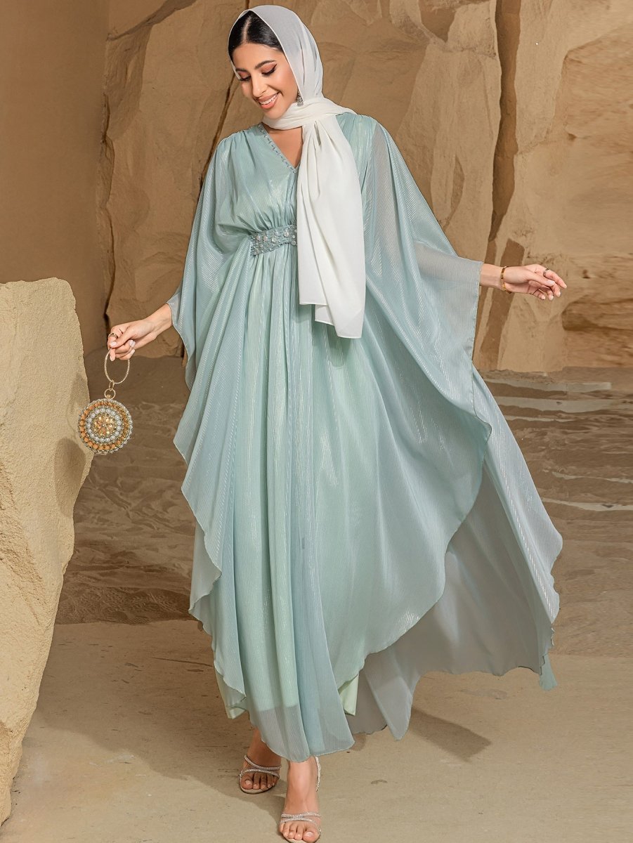 Élégante Abaya Robe pour Voyage et Soirée, Col en V, Perles Brodées à la Main, Finition Luxueuse (MA188)