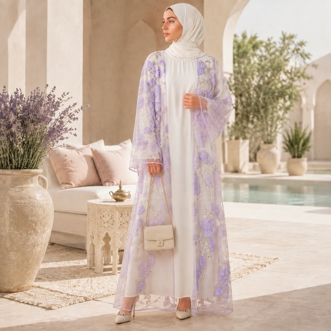 Abaya Mesh Brodée Perlée Floral 3D de Luxe à Ouverture – Abaya d'Occasion Lavande (MOA304)