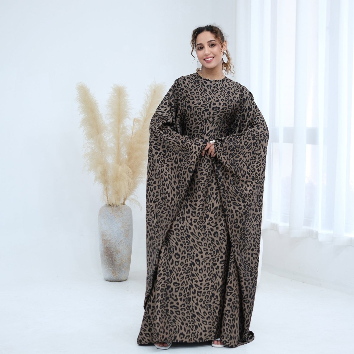 Robe Maxi Imprimé Léopard à Manches Chauve-Souris (MA450)