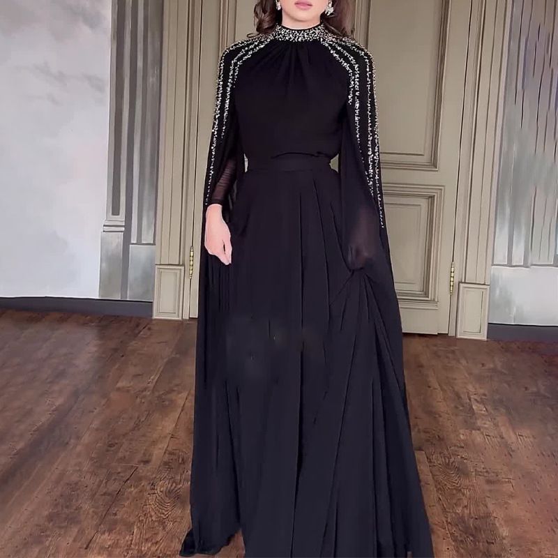 Robe Cape Crystal Cascade | Abaya de Soirée Brodée à l'Effet Spectaculaire (MA345)