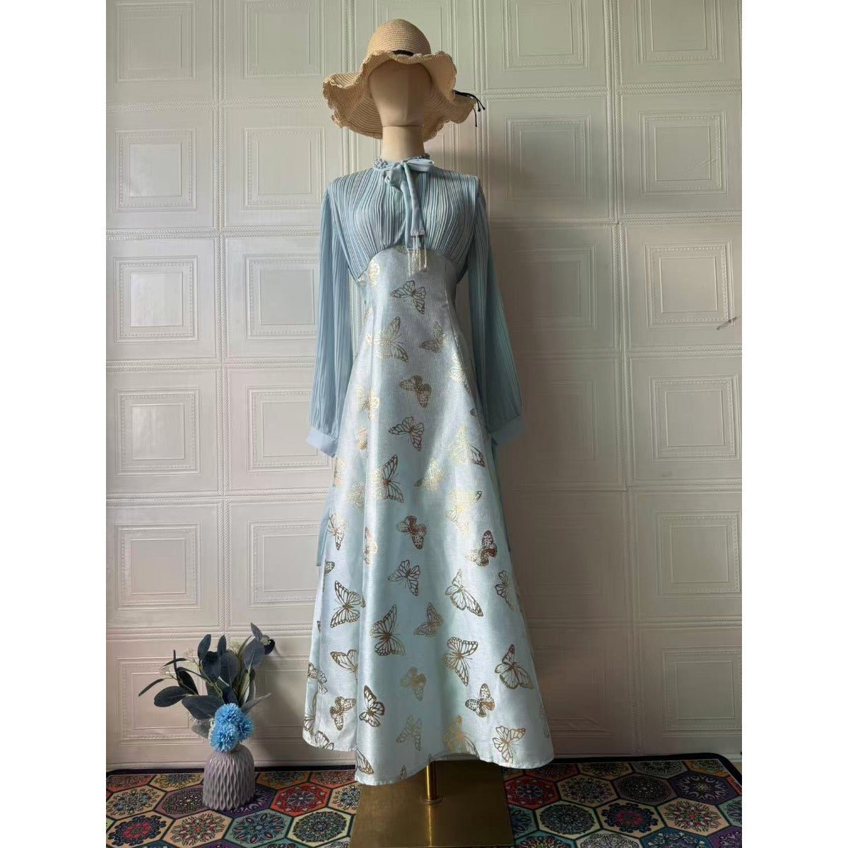 Robe Maxi Élégante à Manches Longues, Abaya à Motif Papillon / Robe Longue (MA219)