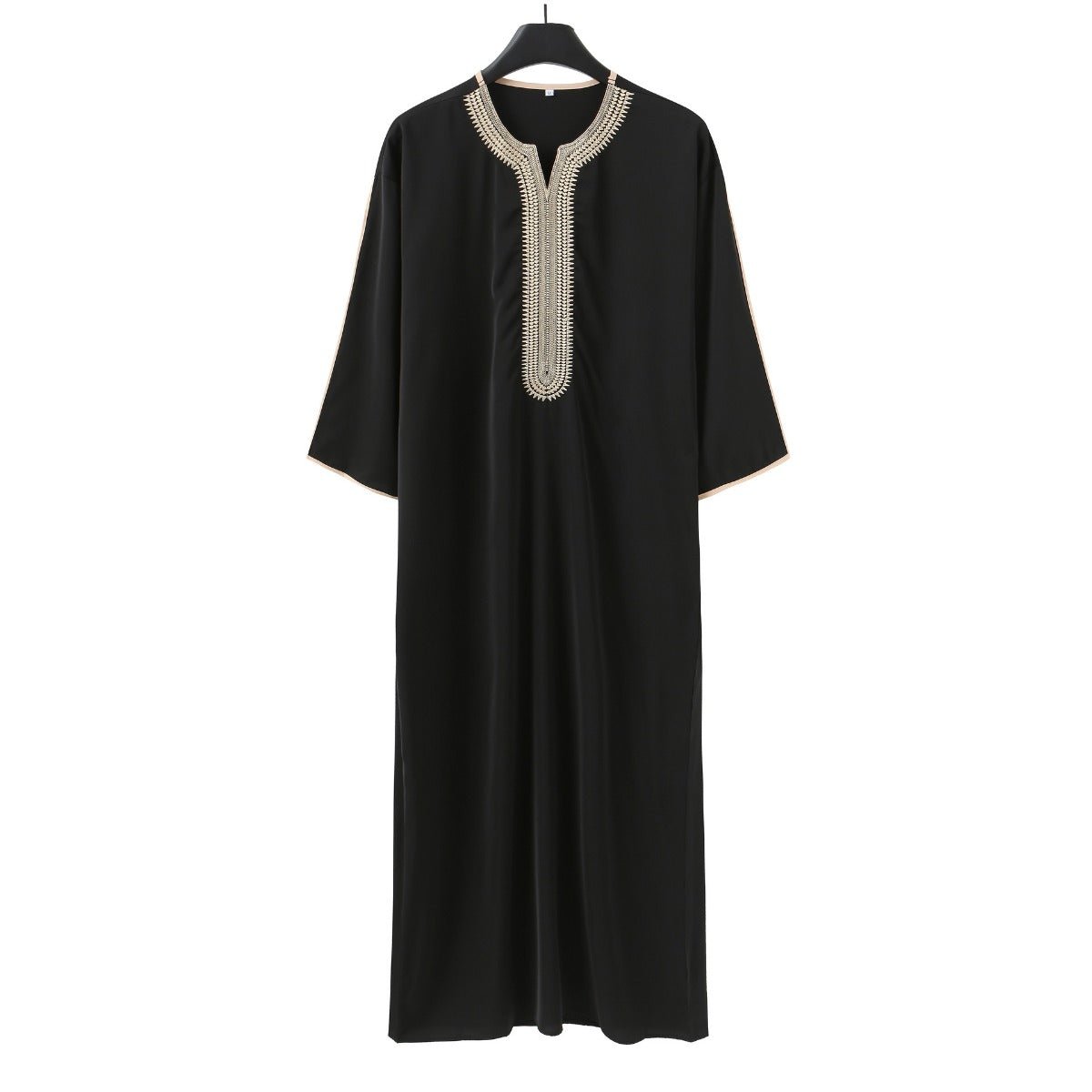 Robe Musulmane Thobe à Col en V avec Broderie et Coutures Géométriques, Manches Courtes Mi-longues (MT030)
