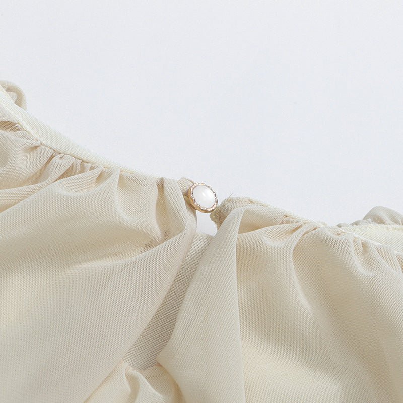 Robe longue col rond, bustier drapé et manches lanterne (MS402)